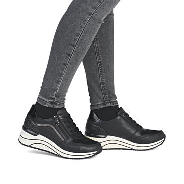 Remonte Lace Wedge Trainer With Side Zip - Black Combi
